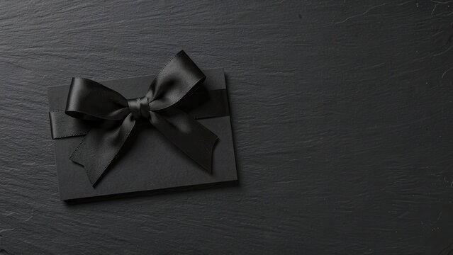 elegant flat lay of matte black gift card with satin ribbon bow on dark slate for premium gift promotions studio shot