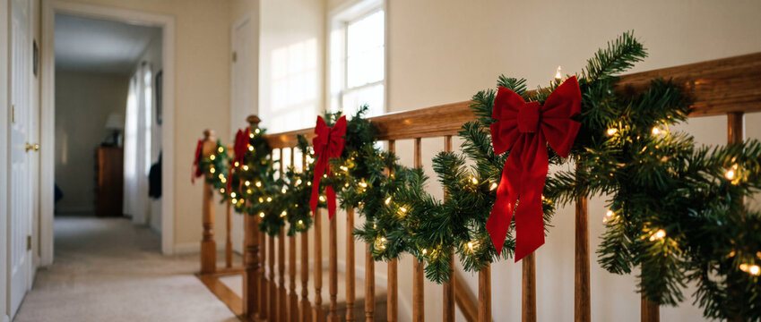 Festive Christmas garland with red bows and warm lights adorns a wooden indoor stair railing in a home interior.
