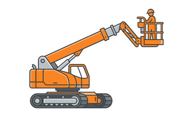 Orange Telescopic Boom Lift Illustration with Worker in Basket © Denis
