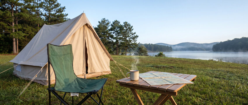 A peaceful campsite set on a grassy lakeshore, with a canvas tent, folding chair, wooden table holding a steaming mug and map, surrounded by trees and distant hills under a clear sky.