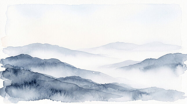 Watercolor mountain panorama features overlapping blue gray hills and a white background