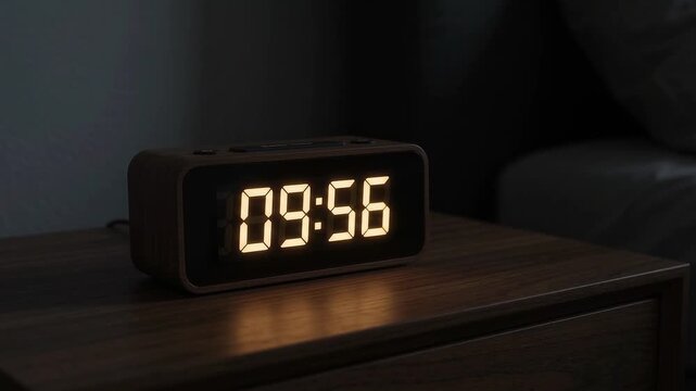 Digital alarm clock counts down glowing yellow numbers on dark wooden nightstand bedside table in dim bedroom interior, showing passing minutes from ten o clock during quiet evening bedtime.