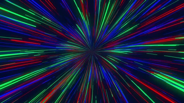 Light streaks animation bursts outward in colorful kinetic motion. Cosmic warp rays stream along these active light streaks. Dynamic abstract energy illumination powers the light streaks.