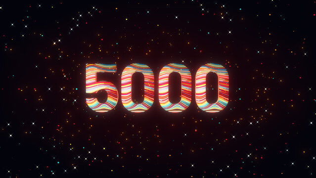 Vibrant 3D number 5000 illuminated by red, yellow, and multicolor flowing lines, glowing particles, and cosmic sparkles for a futuristic digital achievement concept.