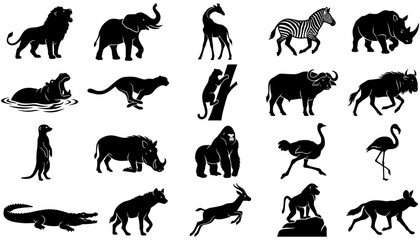 Fototapeta premium Animal Silhouettes Set with Diverse Wildlife Illustrations Featuring Animals