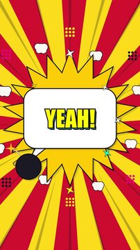 Animated comic speech bubble with yeah text on red and yellow sunburst loop footage.