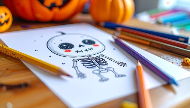 Kawaii Halloween skeleton drawing on white paper with colored pencils