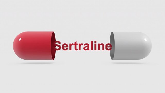 3D animation of pill opening revealing the word Sertraline
