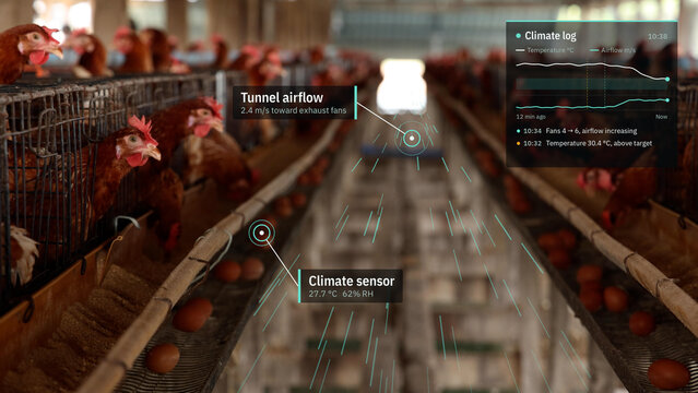 Smart poultry farm house with climate control graphic overlay monitoring airflow and sensor data, automated chicken egg production, smart agriculture technology, and industrial farming concept