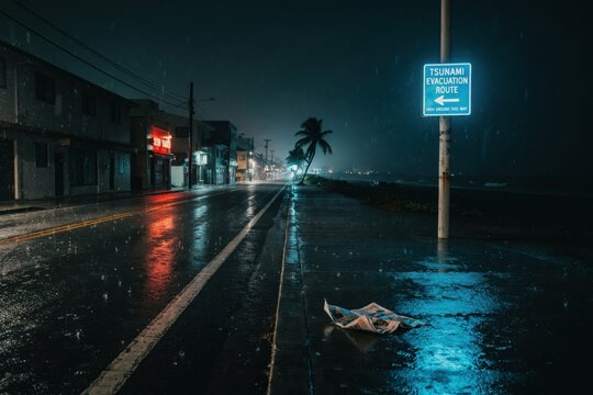 Rain falling on dark coastal street with a glowing tsunami evacuation route sign at night