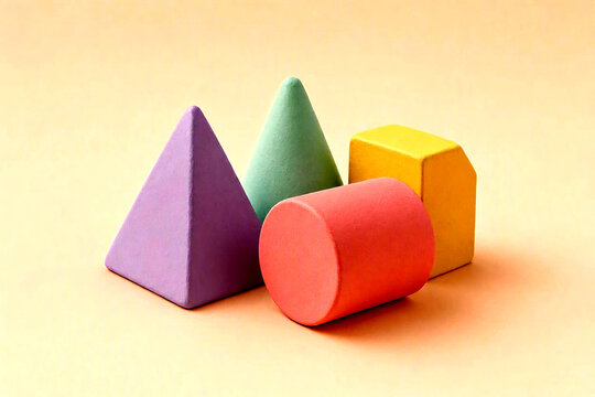 Colorful geometric shapes composition with purple pyramid green cone red cylinder yellow cube and orange block on soft gradient background for creative design and educational materials