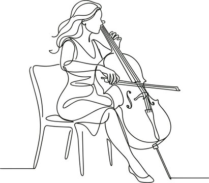 Elegant female cellist playing classical cello musical instrument sitting on chair orchestral performance line art drawing vector