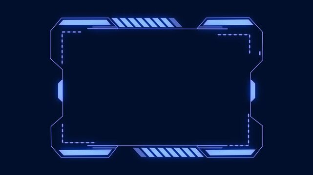 Blue neon HUD frame animation displays futuristic borders on dark. User interface screen panels outline the blue neon HUD frame. Sci-fi control displays use this active blue neon HUD frame.