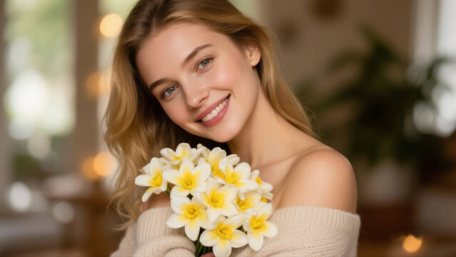 Girl with daffodils|Smiling blonde lady holds daffodil bouquet for spring greeting advertisement.
