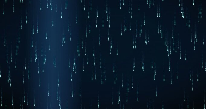 Binary code rain animation with teal circuit palette and radiant glow, creating a dense code storm.