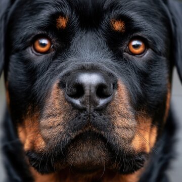 Intense amber-eyed large black and brown dog with shiny wet nose and focused gaze in detailed portrait photography