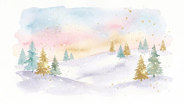 Winter watercolor snowy landscape with pine trees and falling snow, golden glitter sparkle accents, soft pastel sky background, perfect for holiday greeting cards
