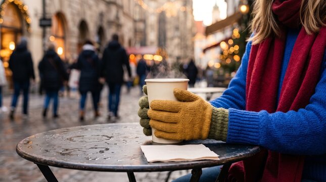Colorful gloves warm around a winter cafe cup
