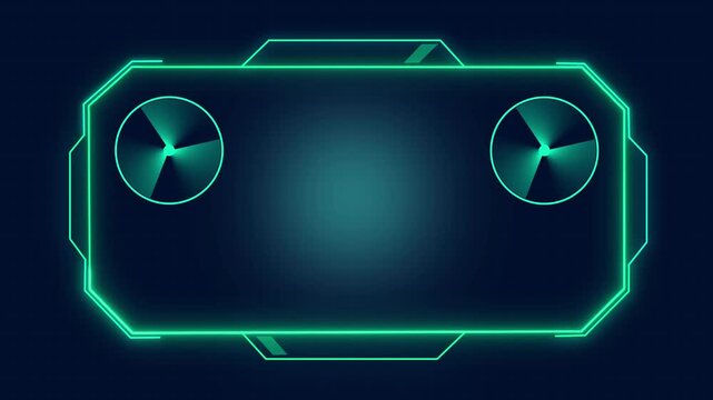 Glowing teal sci-fi control panel frame with two circular dial knobs on a dark blue background, ideal for futuristic game interface or technology design.