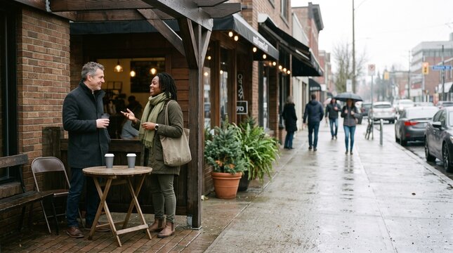 Friends linger outside after a cafe conversation