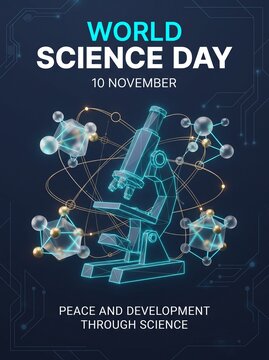 World science day poster with digital microscope and molecules