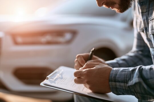 Man inspecting vehicle damage and documenting details on clipboard during daylight for accident report or insurance claim process near parked white car