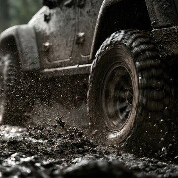 Off-road vehicle tire spinning rapidly through thick mud, splashing water and dirt in dynamic outdoor adventure scene