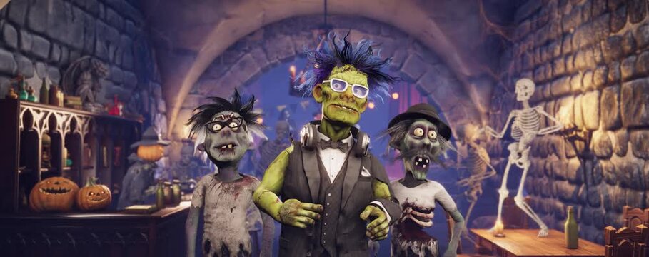 Funny Frankenstein monster, cartoon zombies and skeleton dancing at Halloween party in a gothic dungeon pub, 3D animation