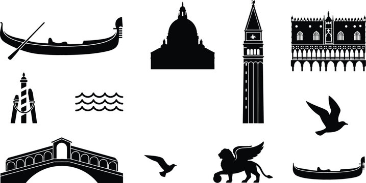 Venice landmark silhouette elements with st mark campanile doge palace gondola boat and bridge