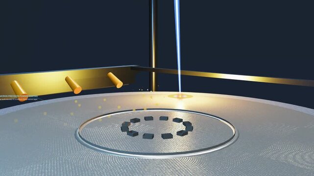 3D animation of selective laser melting 3D printing process creating a titanium turbine part using additive manufacturing and metal powder bed fusion technology