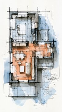 Hand-drawn architectural floor plan with shaded areas illustrating interior layout and spatial design elements of a residential home with furniture arrangements