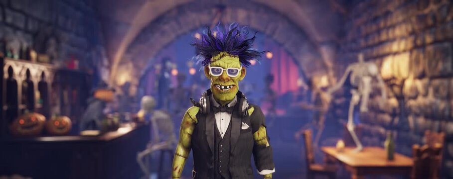 Funny Frankenstein monster, cartoon zombies and skeleton dancing at Halloween party in a gothic dungeon pub, 3D animation