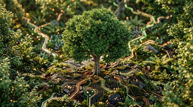 A lush green tree merging with glowing digital circuitry and data networks, eco technology, sustainable future, smart grid innovation, digital nature integration