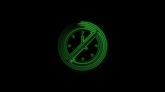 Minimalist green neon clock with moving hands on textured black background, futuristic glowing time animation. Red Neon Clock Face With Hour and Minute Hands On Textured animation Black Background