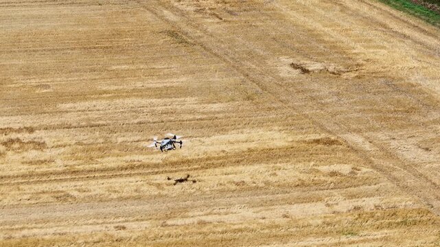 Drone flying over harvested agricultural field surveying crops
