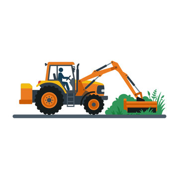Tractor Mowing Vegetation with Mechanical Arm, Isolated