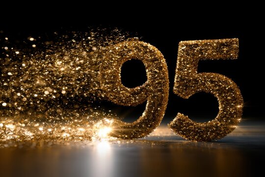 Sparkling golden glitter number 95 with particles fading into the darkness on reflective surface celebrating milestone or anniversary event