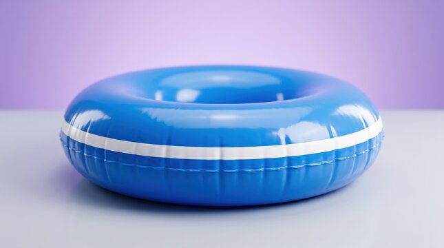 Blue inflatable swim ring with white stripe resting on a surface against a purple background, perfect for summer vacation and pool party themes