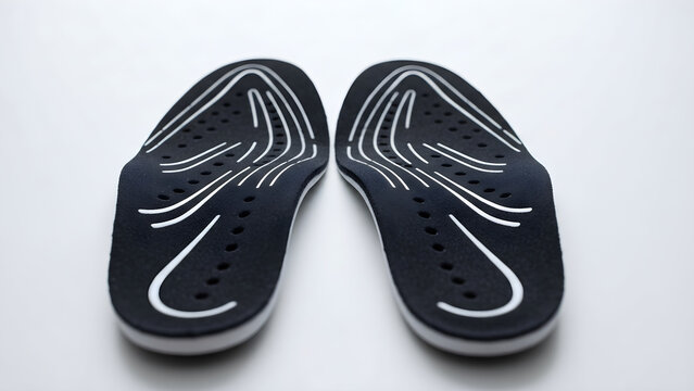 Pair of modern black orthopedic shoe insoles with ventilation holes for foot support and comfort