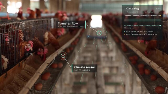 Smart poultry farm house with climate control graphic overlay monitoring airflow and sensor data, automated chicken egg production, smart agriculture technology, and industrial farming concept