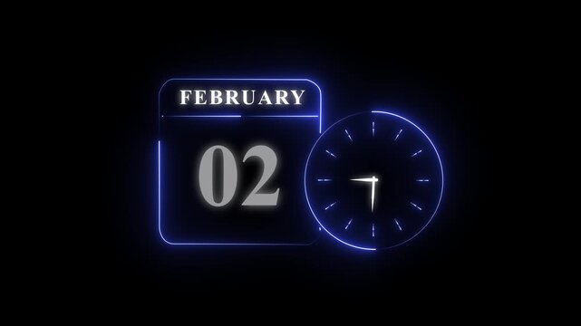 Modern digital calendar showing february 2nd with glowing clock