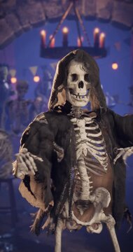 Scary skeleton dancing at Halloween party in a gothic dungeon pub, 3D animation
