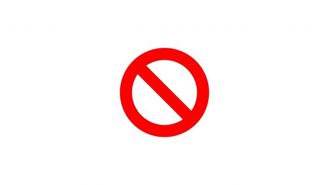 A highly cinematic flat red prohibited/no symbol animation. The diagonal slash acts as a blade that cuts the circle in half. The two halves slide apart perpendicularly before elastically snapping back