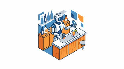 Obraz premium Isometric illustration of an automated robotic bartender preparing cocktails at a bar counter.