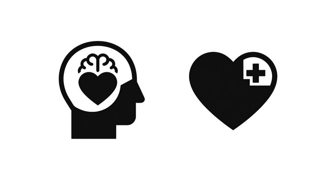 a human head silhouette containing a heart and small brain-inspired symbol