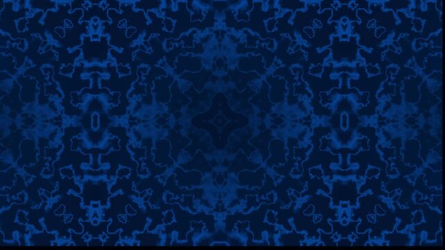 Dark blue seamless ornamental pattern with mirrored floral shapes and flowing details, creating an elegant vintage background texture.