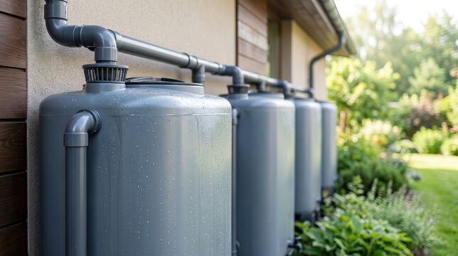Rainwater harvesting system with large gray plastic storage tanks and connected PVC pipes lined up along a residential house exterior wall, sustainable water conservation