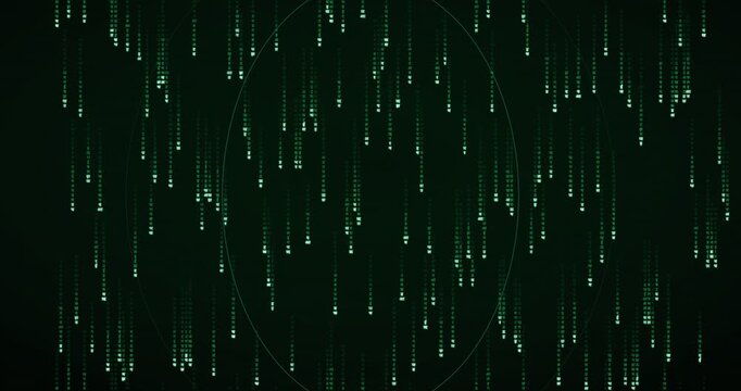 Devanagari characters cascade in a dense, slow-falling code storm animation with a neon green glow.