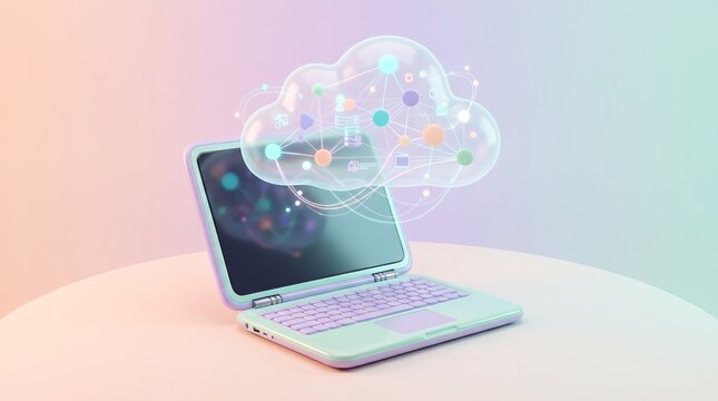 Pastel laptop with a floating digital cloud network icon on a gradient background