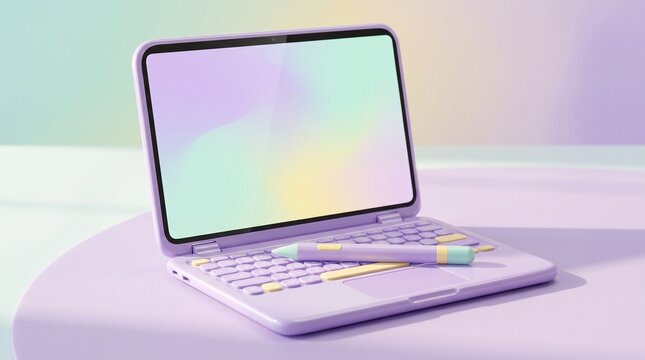 Pastel purple laptop with digital stylus on a matching soft color background